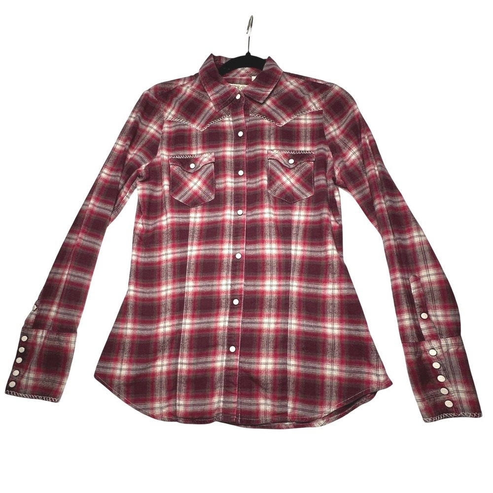 Stetson Womens Western Shirt S Burgundy Plaid Pearl Snap Embroidered Cowgirl